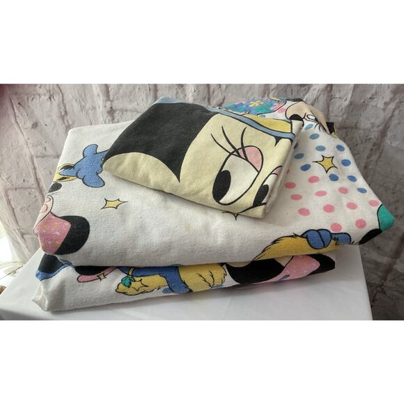 Minnie Mouse 90s Sheet Set Walt Disney Star  Flannel Flat & Fitted Twin 69"×98" - Picture 1 of 8